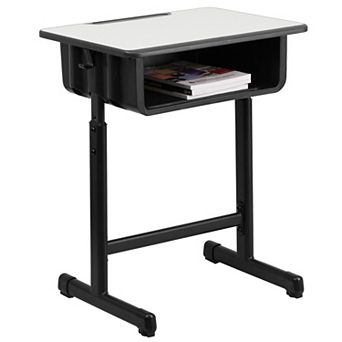 Emma and Oliver Grey Student Desk with Adjustable Height Black Pedestal Frame