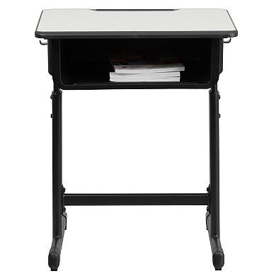 Emma and Oliver Grey Student Desk with Adjustable Height Black Pedestal Frame