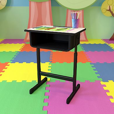 Emma and Oliver Grey Student Desk with Adjustable Height Black Pedestal Frame