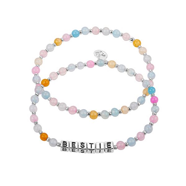 Fine Silver Plated "BESTIE" Multicolor Pastel Bead Stretch Bracelet Duo Set