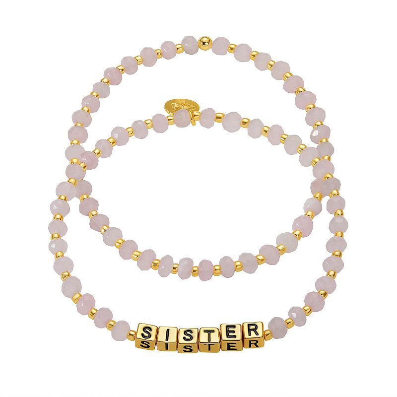 18k Gold Flash Plated SISTER Pink Rondelle Beaded Stretch Bracelet Duo