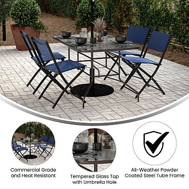 Emma and Oliver 31.5" x 55" Rectangular Tempered Glass Metal Table with Umbrella Hole