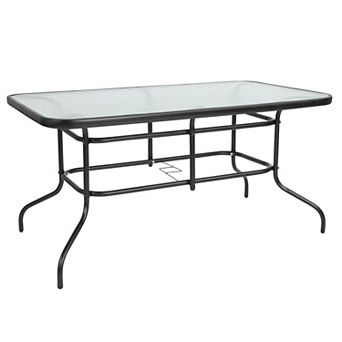 Emma and Oliver 31.5" x 55" Rectangular Tempered Glass Metal Table with Umbrella Hole