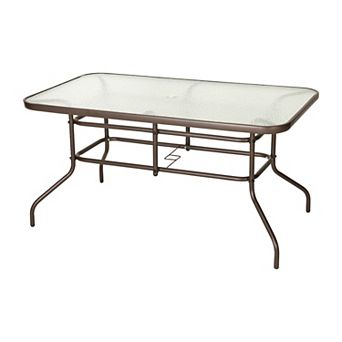 Emma and Oliver 31.5" x 55" Rectangular Tempered Glass Metal Table with Umbrella Hole