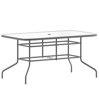 Emma and Oliver 31.5" x 55" Rectangular Tempered Glass Metal Table with Umbrella Hole