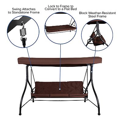 Emma and Oliver 3-Seat Outdoor Steel Converting Patio Swing and Bed Canopy Hammock in Brown