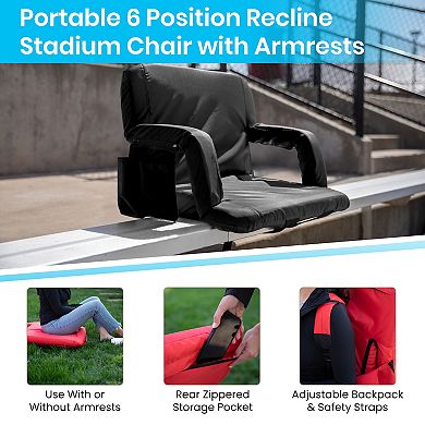 Emma and Oliver Extra Wide Portable Stadium Chair with Red Reclining Padded Back & Seat, Lightweight Metal Frame with Armrests & Backpack Straps