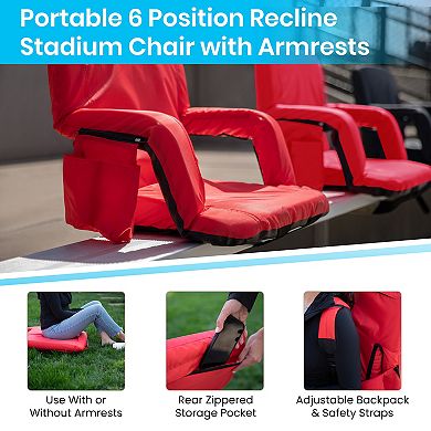 Emma and Oliver Portable Stadium Chair with Armrests, Black Reclining Padded Back & Seat, Lightweight Metal Frame & Backpack Straps, Storage Pockets