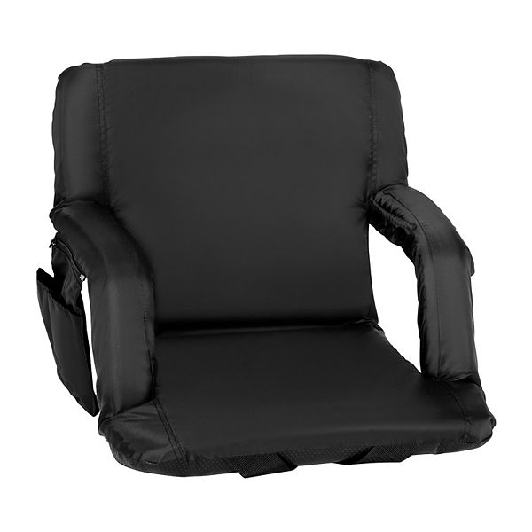Emma and Oliver Portable Stadium Chair with Armrests, Black Reclining Padded Back & Seat, Lightweight Metal Frame & Backpack Straps, Storage Pockets - Black