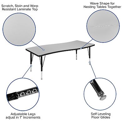 Emma and Oliver 26"W x 60"L Rectangular Wave Flexible Collaborative Grey Kids Adjustable Activity Table