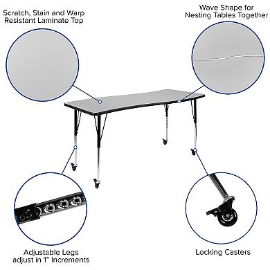Emma and Oliver Mobile 26"W x 60"L Rectangular Wave Flexible Collaborative Grey Adjustable Activity Table