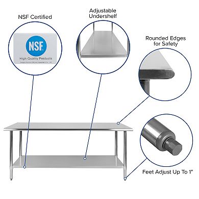 Emma and Oliver Stainless Steel 18  Gauge Kitchen Prep and Work Table with Undershelf, NSF - 60"W x 24"D x 34.5"H