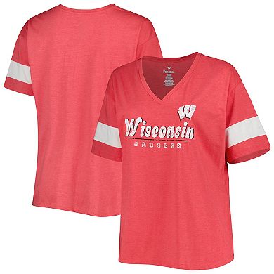 Women's Heather Red Wisconsin Badgers Plus Size Give it All Pieced V-Neck T-Shirt