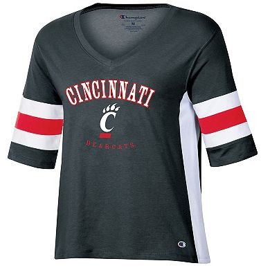 Women's Champion Black Cincinnati Bearcats Colorblocked V-Neck Half Sleeve T-Shirt