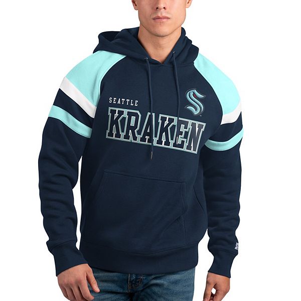 Men's Starter White/Deep Sea Blue Seattle Kraken Defense Raglan Pullover  Sweatshirt