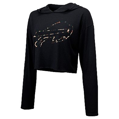 Women's Majestic Threads Josh Allen Black Buffalo Bills Leopard Player Name & Number Long Sleeve Cropped Hoodie