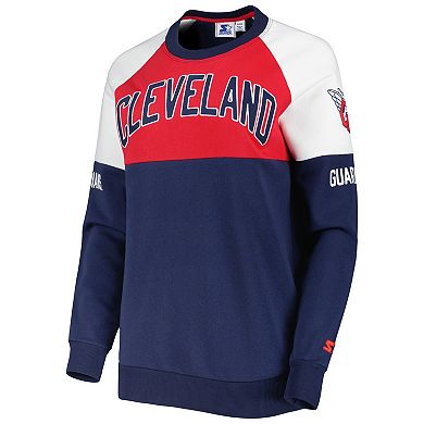 Women's Starter Navy/Red Cleveland Guardians Baseline Raglan Pullover Sweatshirt