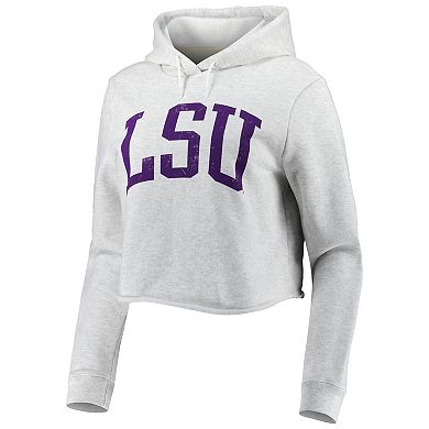 Women's League Collegiate Wear Ash LSU Tigers 2-Hit 1636 Cropped Pullover Hoodie