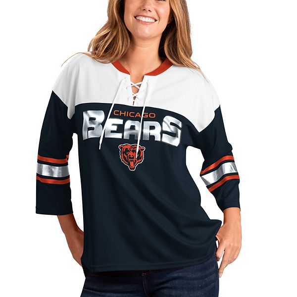 Women's G-III 4Her by Carl Banks Navy/White Chicago Bears Double Team  Three-Quarter Sleeve Lace-Up T-Shirt