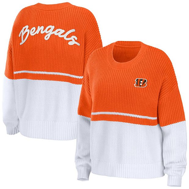 Women's WEAR by Erin Andrews Orange/White Cincinnati Bengals Chunky Script  Wordmark Pullover Sweater