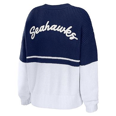 Women's WEAR by Erin Andrews College Navy/White Seattle Seahawks Chunky Script Wordmark Pullover Sweater