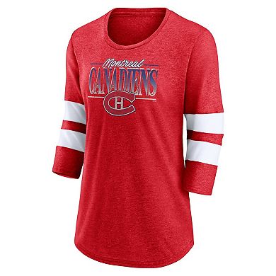 Women's Fanatics Branded Heathered Red/White Montreal Canadiens Full Shield 3/4-Sleeve Tri-Blend Raglan Scoop Neck T-Shirt