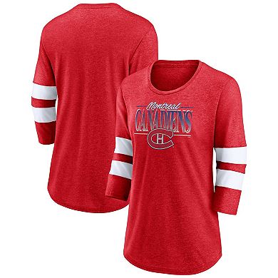 Women's Fanatics Branded Heathered Red/White Montreal Canadiens Full Shield 3/4-Sleeve Tri-Blend Raglan Scoop Neck T-Shirt