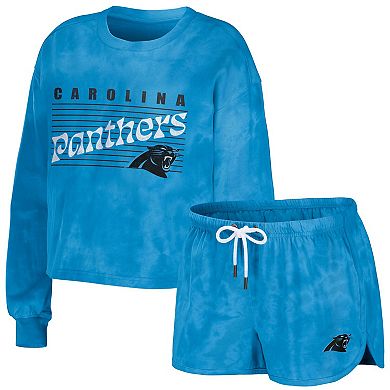 Women's WEAR by Erin Andrews Blue Carolina Panthers Tie-Dye Cropped Pullover Sweatshirt & Shorts Lounge Set