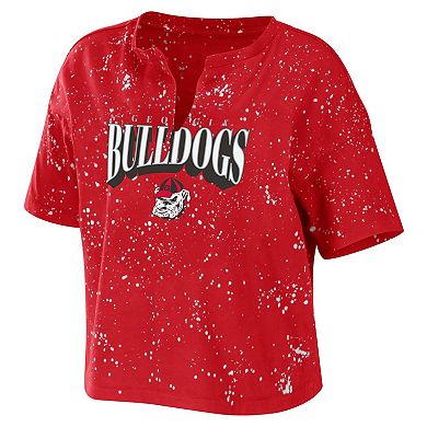 Women's WEAR by Erin Andrews Red Georgia Bulldogs Bleach Wash Splatter Notch Neck T-Shirt