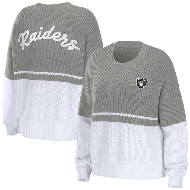 Women's WEAR by Erin Andrews Silver/White Las Vegas Raiders Chunky Script  Wordmark Pullover Sweater