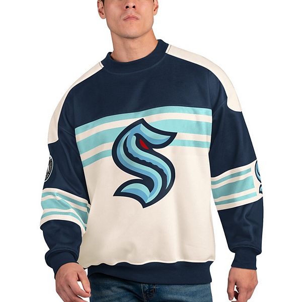 Men's Starter White/Deep Sea Blue Seattle Kraken Defense Raglan Pullover  Sweatshirt