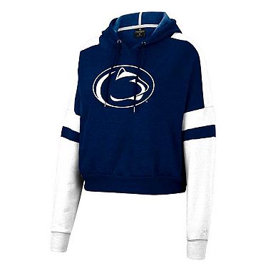 Women's Colosseum Heather Navy Penn State Nittany Lions Throwback Stripe Arch Logo Cropped Pullover Hoodie