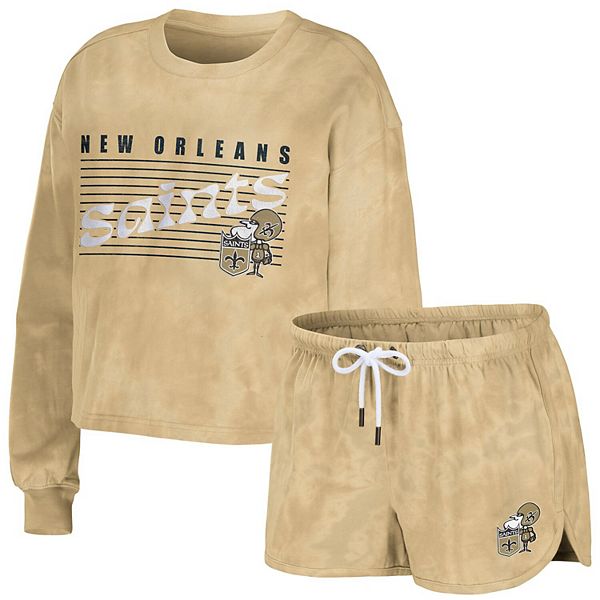 Women's Wear by Erin Andrews Gold New Orleans Saints Tie-Dye Cropped Pullover Sweatshirt & Shorts Lounge Set Size: Extra Large