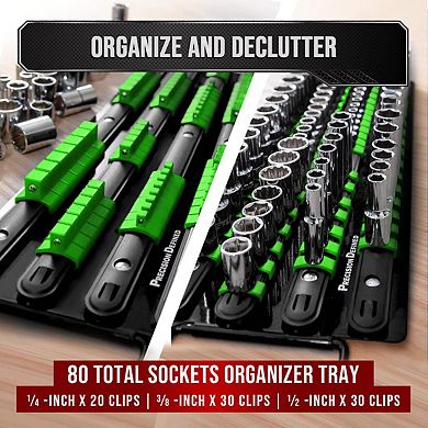 Precision Defined Portable Tool Socket Organizer Tray 1/4-inch, 3/8-inch, 1/2-inch Green - 80 Socket