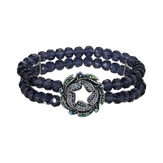 1928 Silver Tone Glass Bead Oxidized Crystal-Studded Wreath Stretch Bracelet