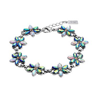 1928 Silver Tone Aurora Borealis Crystal Flower Bracelet