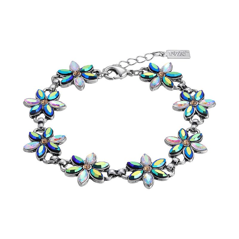 1928 Silver Tone Aurora Borealis Crystal Flower Bracelet, Womens, Multi