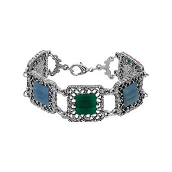 1928 Silver Tone Green & Blue Crystal Square Link Bracelet