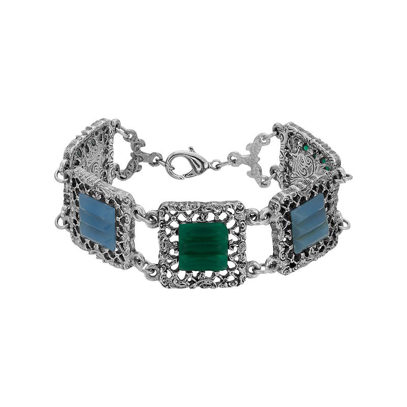 1928 Silver Tone Green & Blue Crystal Square Link Bracelet, Womens