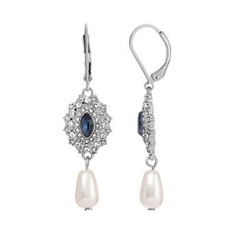 1928 Silver Tone Crystal & Simulated Pearl Starburst Drop Earrings