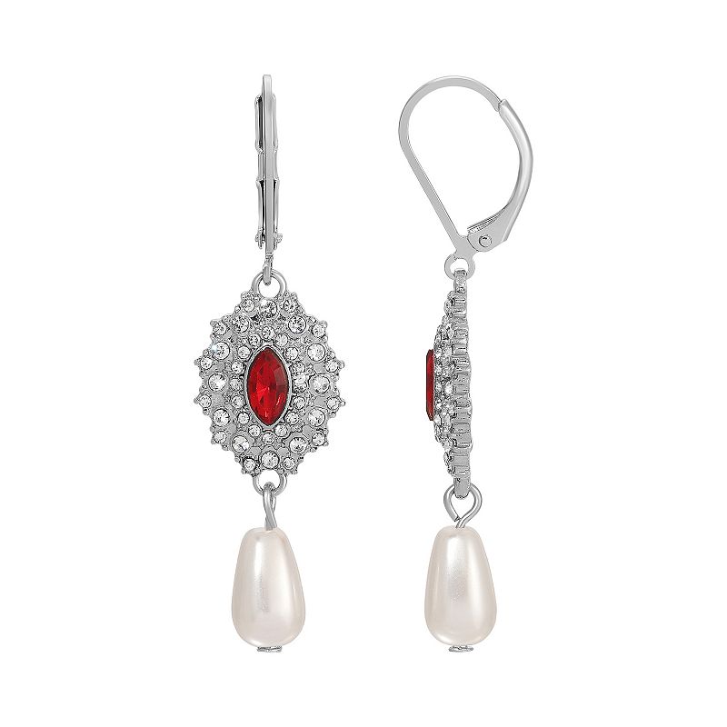 1928 Silver Tone Crystal & Simulated Pearl Starburst Drop Earrings, Womens