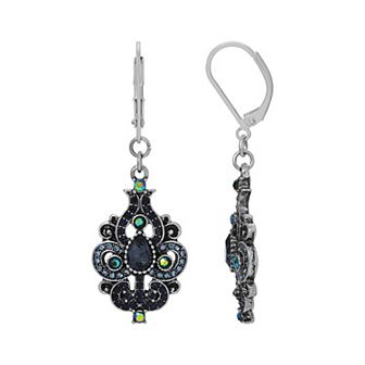 1928 Silver Tone Blue Aurora Borealis Crystal Oxidized Filigree Drop Earrings