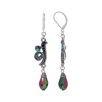 1928 Silver Tone Blue & Aurora Borealis Crystal Oxidized Art Deco Drop Earrings