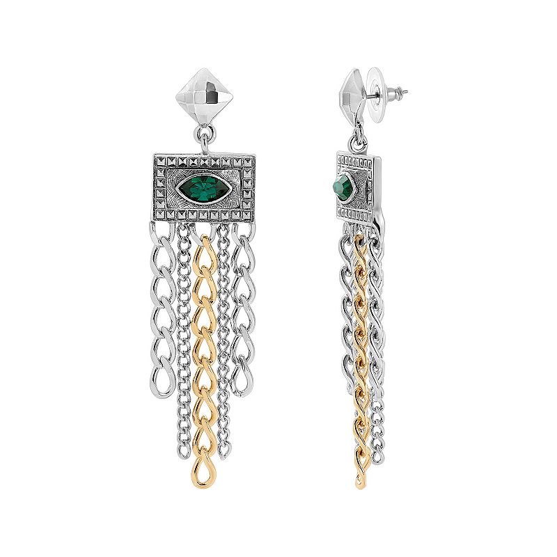 1928 Two-Tone Green Crystal Chain Chandelier Drop Earrings, Womens