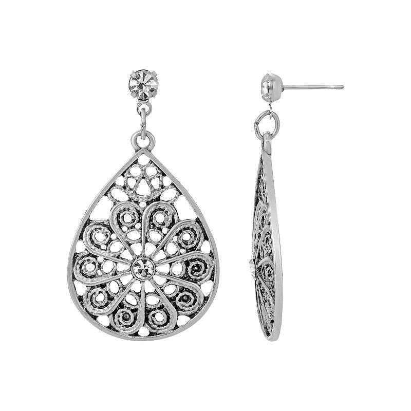 1928 Silver Tone Crystal Teardrop Filigree Drop Earrings, Womens, White