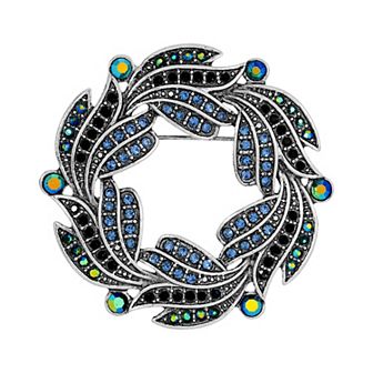1928 Silver Tone Blue & Aurora Borealis Crystal Oxidized Wreath Brooch