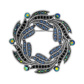 1928 Silver Tone Blue & Aurora Borealis Crystal Oxidized Wreath Brooch
