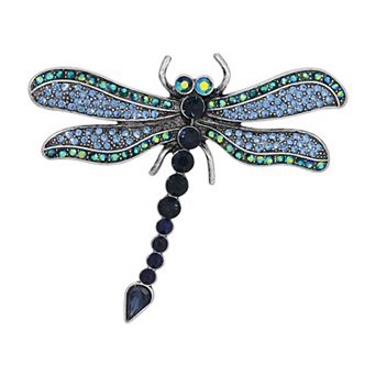 1928 Silver Tone Blue & Aurora Borealis Crystal Oxidized Dragonfly Brooch