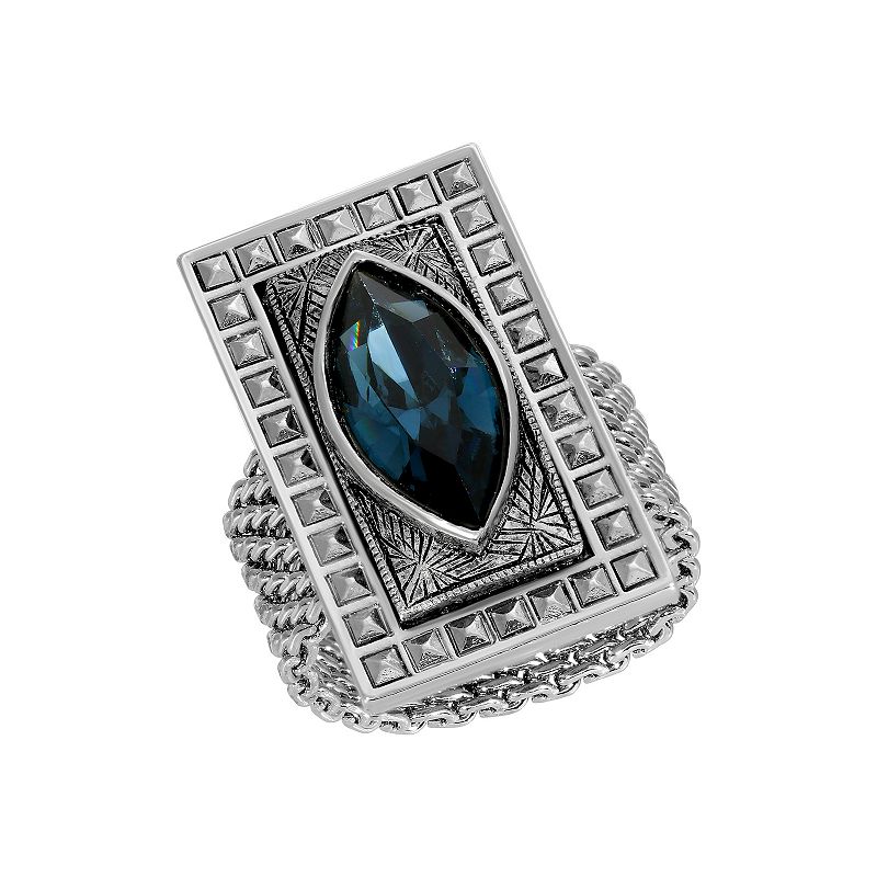 1928 Silver Tone Crystal Art Deco-Inspired Stretch Ring, Womens, Blue