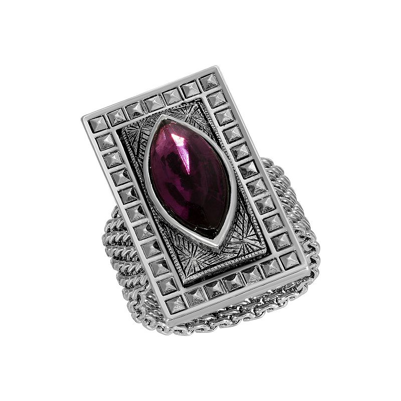 1928 Silver Tone Crystal Art Deco-Inspired Stretch Ring, Womens, Purple